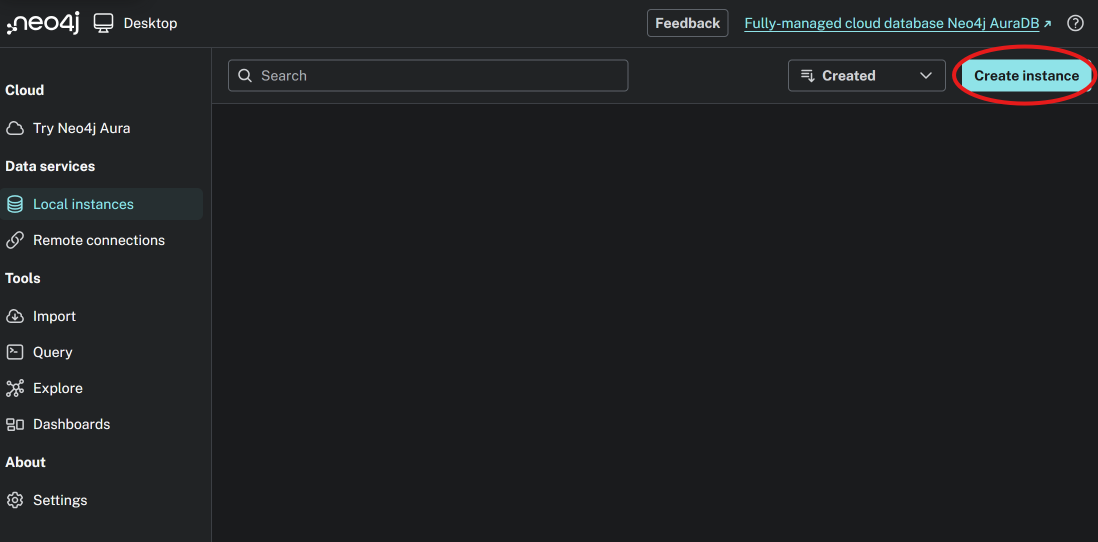 desktop app create instance button